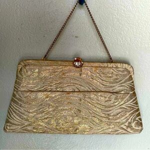 Vintage Mid-Century Gold Embossed Fabric Cocktail Clutch with Seashell Clasp